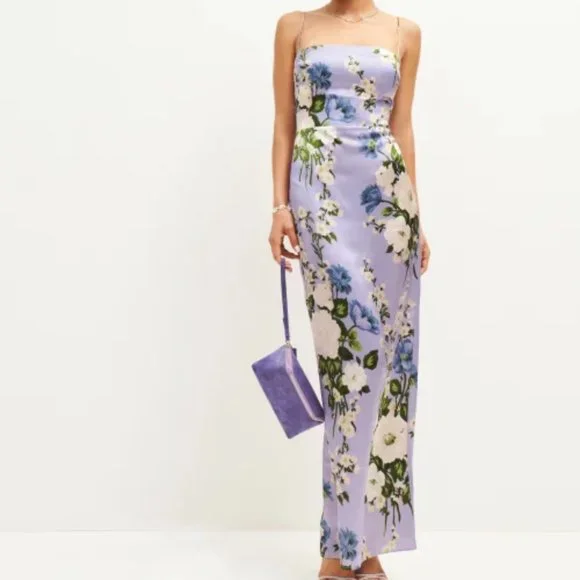 Reformation Frankie Silk Dress in Garden Soiree Purple White Floral Maxi - Picture 3 of 7